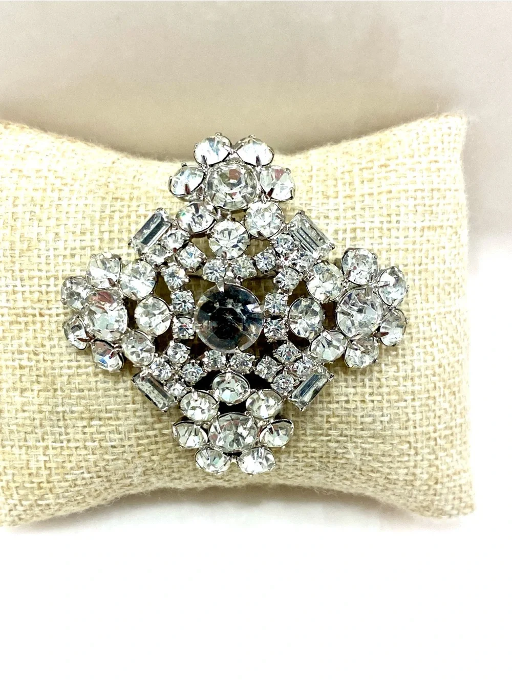 Vintage Clear Crystal Floral Cluster Brooch - Black Center Stone